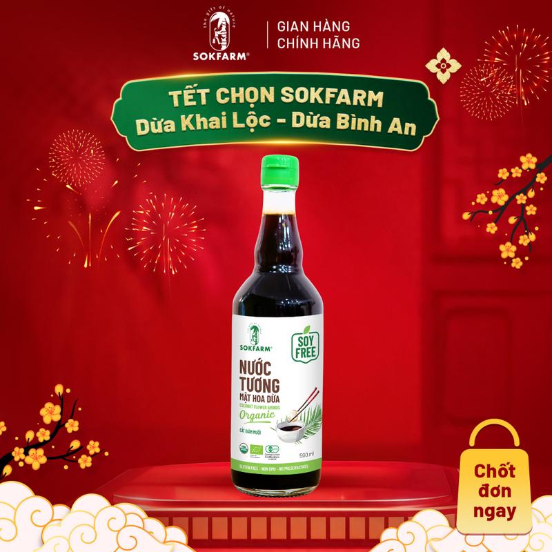 Nước Tương Mật Hoa Dừa Hữu Cơ Sokfarm 500ml - Dòng Ít Muối - Không Từ Đậu Nành Không Biến Đổi Gen Ít Mặn Làm Gia Vị Nấu Ăn