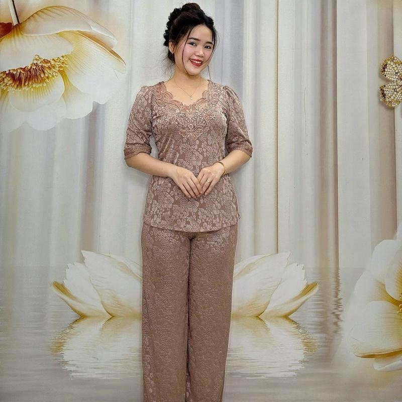 B53 Đồ bộ bông thun gấm nữ trung niên thiết kế cổ đè ren, tay lỡ quần ống suông thương hiệu Hải Sơn women