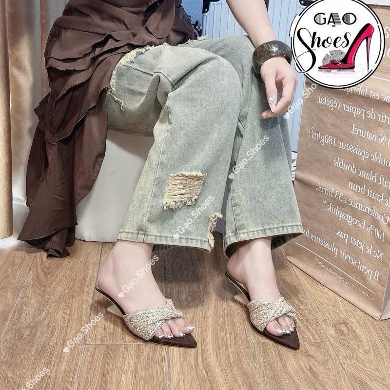 Gạo.Shoes CÓ BIGSIZE Guốc Nữ Mũi Nhọn Gót Xuồng Khuyết Cao 5 CM Quai Bố Cói Xoắn Cực Sang Trọng Dễ Phối Đồ