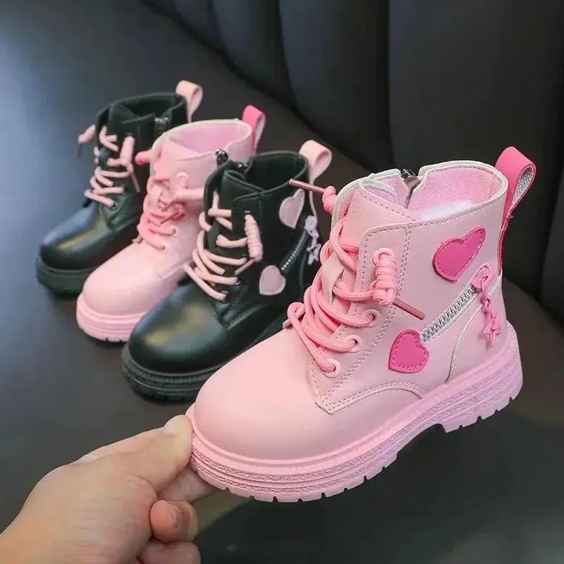 Girl Boot Kid Fashion Rubber Boot Cool Girl Shoe AutumnWinter Cotton Soft Sole Pink with Love Side Zip Princess
