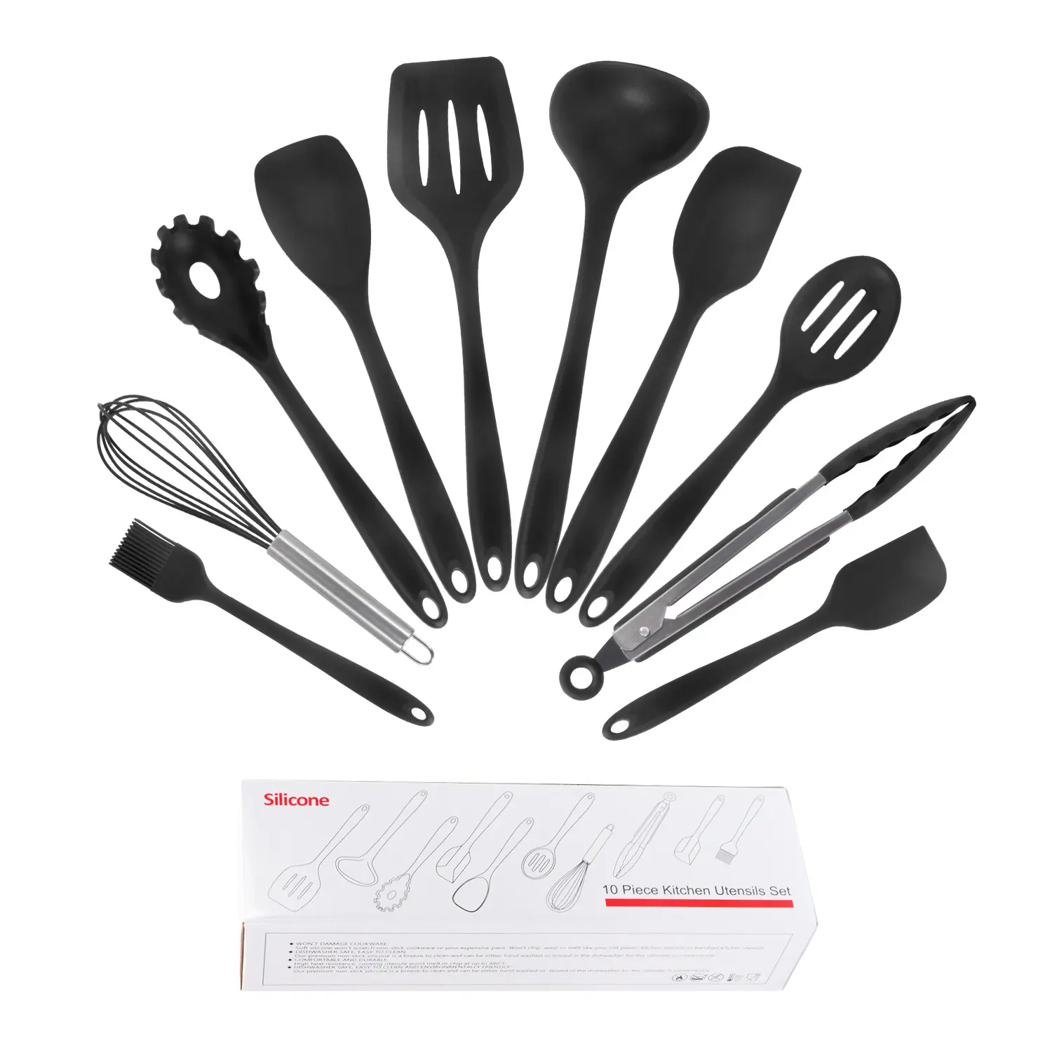 Silicone Kitchen Utensil, Set of 10 Pieces Cooking Baking Utensils Tool Set, Heat-Resistant, Non-Stick, Non Scratch Kitchen Set, Easy to Use & Clean Hanging Scraper