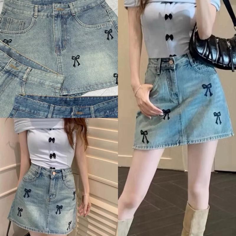 60-135kg bigsize chân váy jenas xanh thêu nơ có quần trong lưng chun sau co giãn