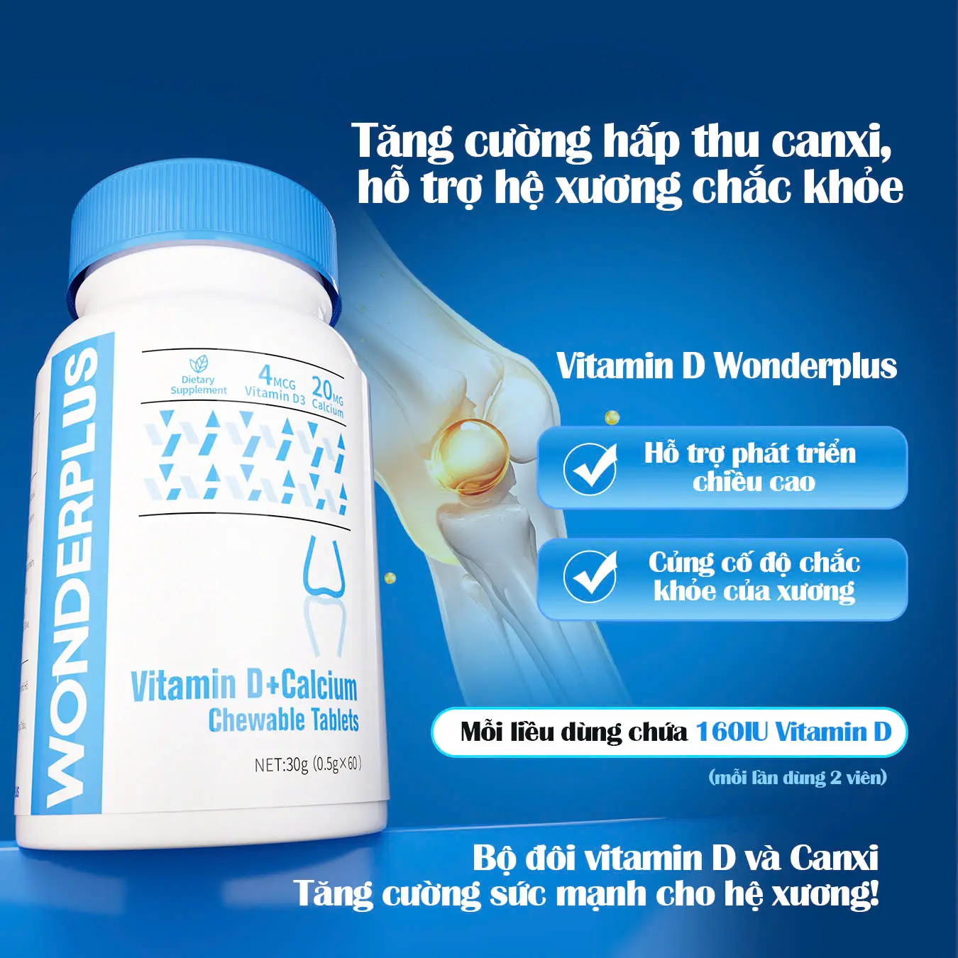 Viên Nhai Bổ Sung Vitamin D + Canxi Wonderplus – Hỗ Trợ Phát Triển Chiều Cao Tuổi Dậy Thì, Giúp Xương Chắc Khỏe – Phù Hợp Cho Trẻ Em & Người Lớn (Hộp 60 viên)
