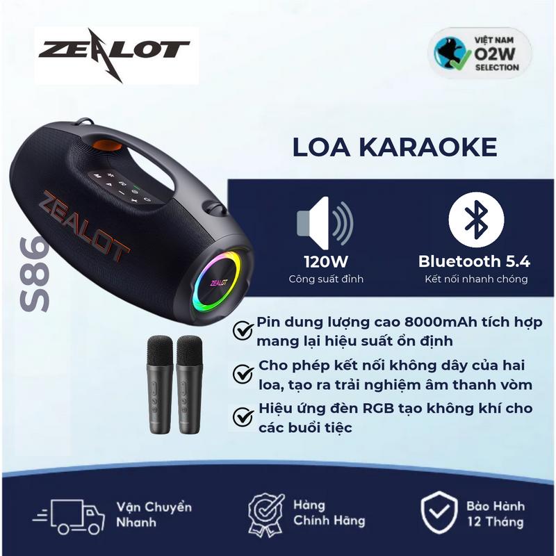 ZEALOT S86 Loa Bluetooth 120W Bass Sâu Chấn Động, Loa Trầm 79mm Đôi, Pin 8000mAh, EQ 3 Chế Độ, Đèn RGB, Kết Nối TWS 2 Loa, Kèm Dây Đeo Chéo, Loa Ngoài Trời Cho Camping Tiệc Tùng
