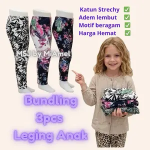 3pcs Leging Anak Katun Spandek Strechy Material lembut elastis dengan motif beragam