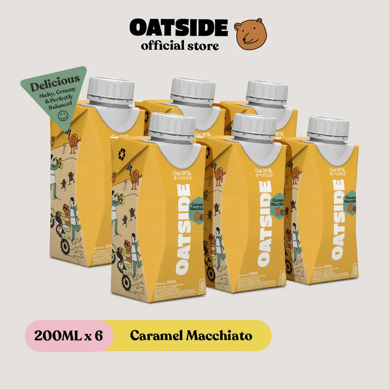 OATSIDE Mini Cap Oat Milk  Caramel Macchiato 200ml (6pcs) (Kemasan Tutup Botol) | Susu Oat Rasa Karamel Macchiato 0