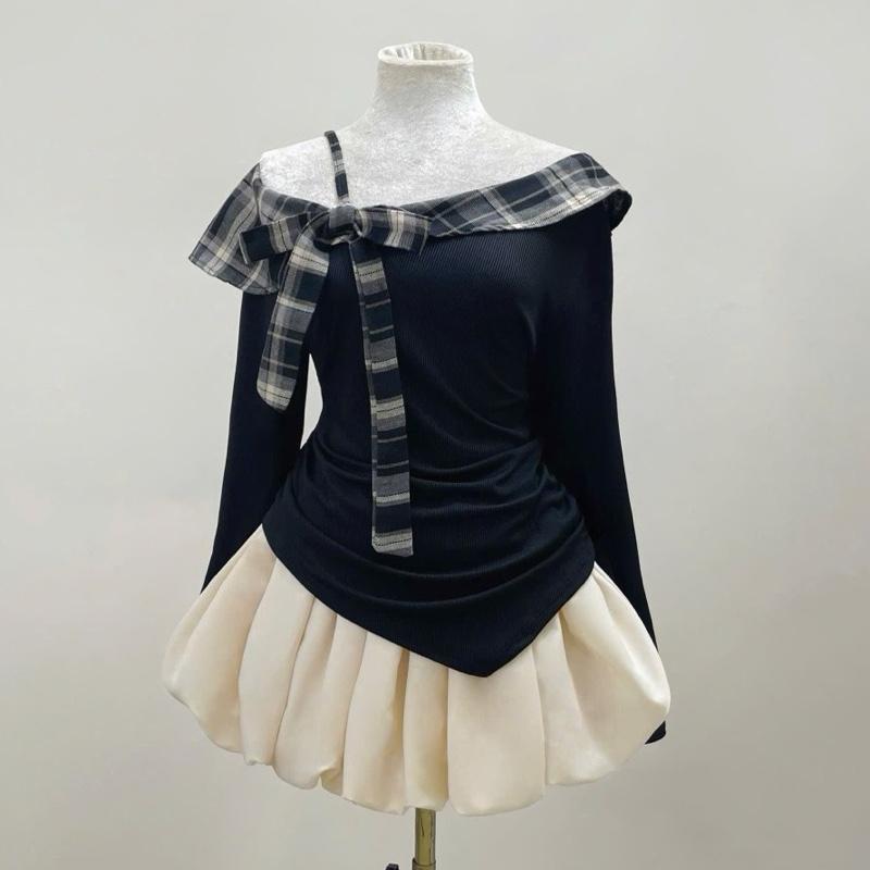 MỞ BÁN SET TẾT XINH Set Bigsize Nữ CÓ LẺ ÁO- VÁY Áo Kiểu Dài Tay Lệch Vai Phối Nơ Caro Xinh Vải Thun Tăm Phối Chân Váy Bí Vải Lụa Phong Cách Trẻ Trung Dễ Thương- A333 CV413