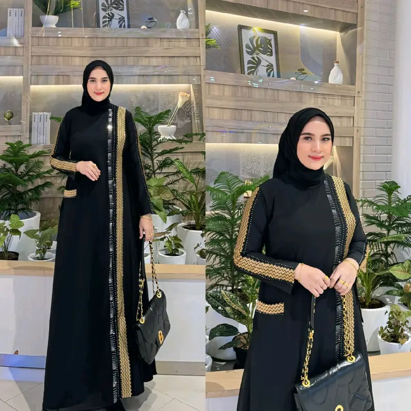 GAMIS ABAYA TURKEY CERRUTY KELILING BORDIR DEPAN BELAKANG SEAN GOLD DAN FULL HITAM 5