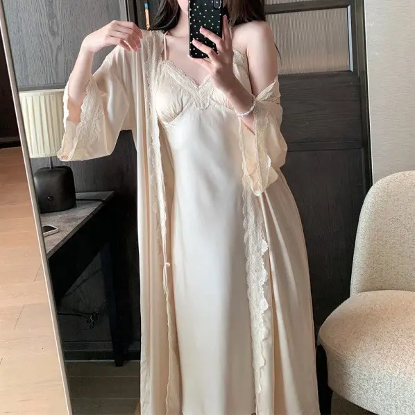 Set váy ngủ kèm choàng mặc nhà cổ V tay loe lụa mềm cho nữ - L0100 lụa sexy kèm choàng 8