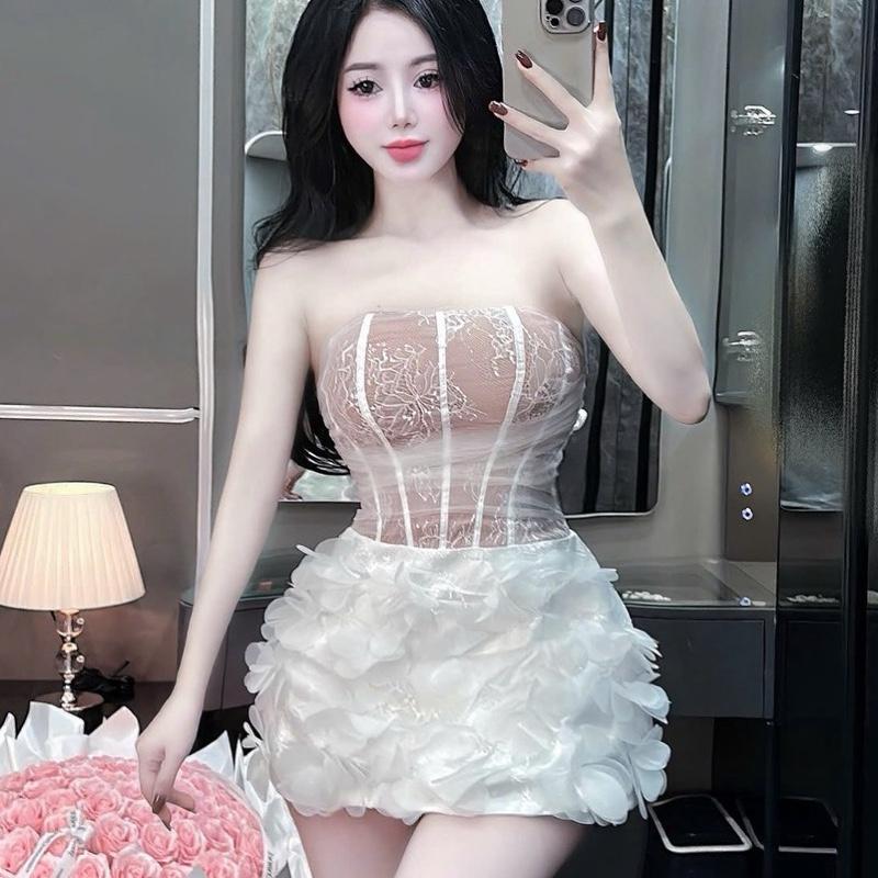 Váy thiết kế quây ren chân dáng A đính hoa dáng ngắn 5l290