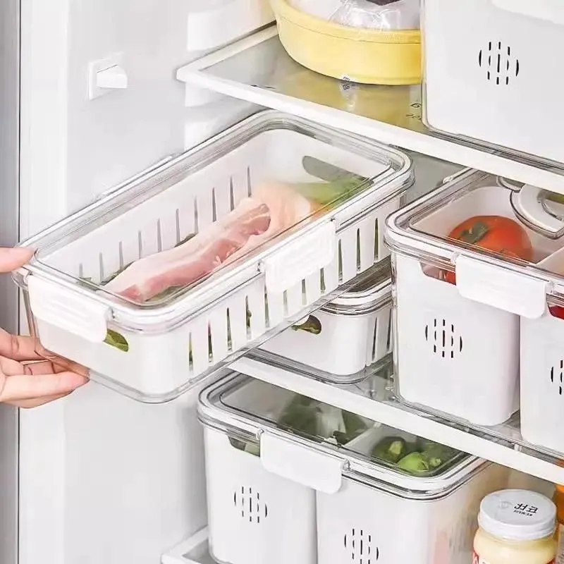 Kulkas Kotak Penyimpanan Makanan Daging Daging Frozen -Kotak Dapur Buah dan Drainase Sayuran Keranjang Peningkatan Kapasitas Menguras Kotak Penahan Segar 2
