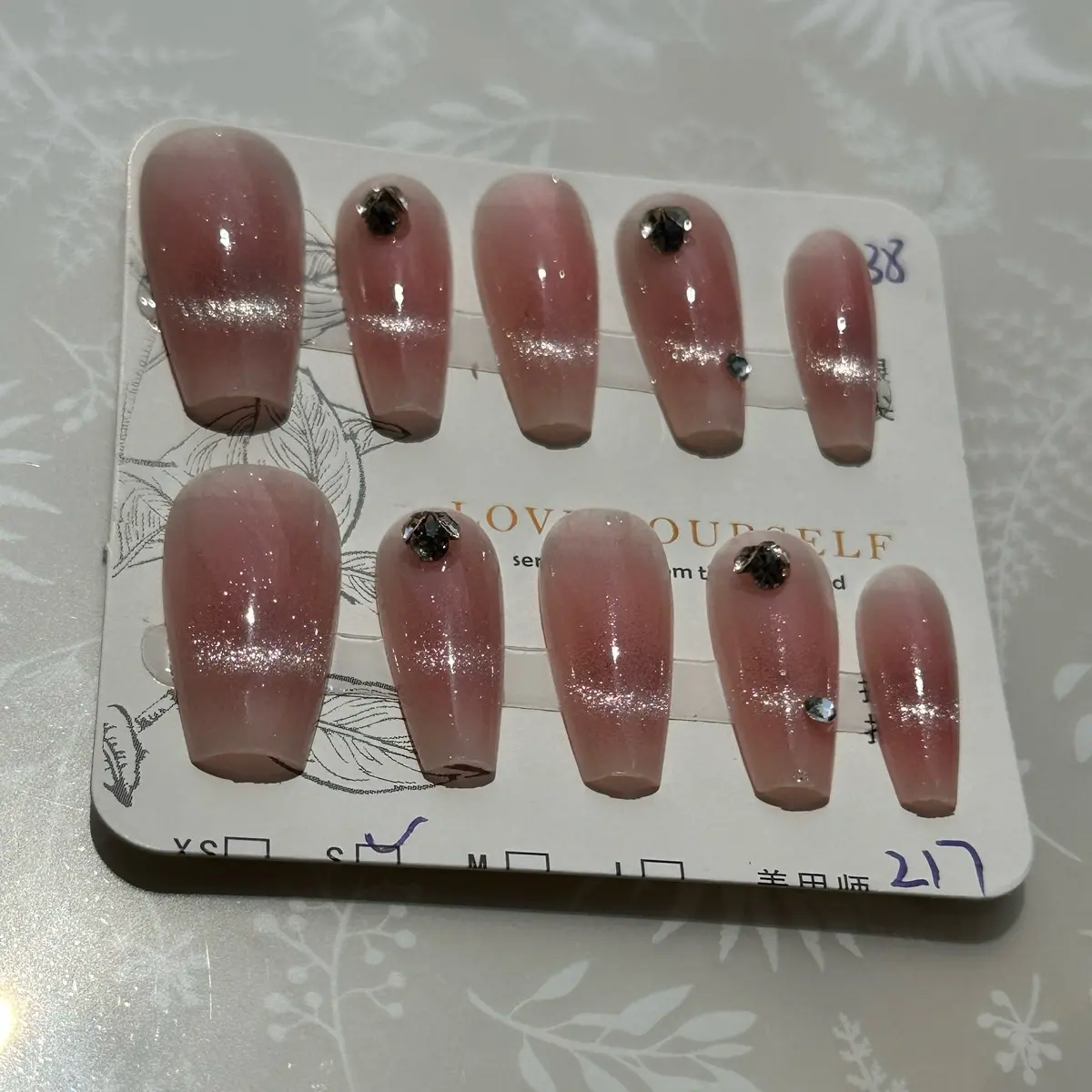 Press On Nails - Pink Cat Eyes with Small White Stone (Long) Size Small Nail Art Manicure