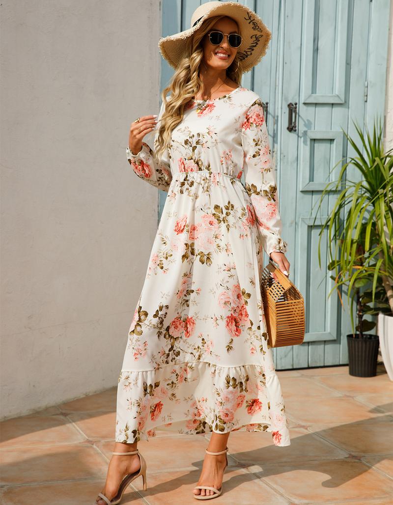 Product Introduction of Cross-Border Foreign Trade Spring and Autumn Floral Chiffon Dress Waist-Controlled Slimming Long Sleeve round-Neck Long Printed Dress Women's 13