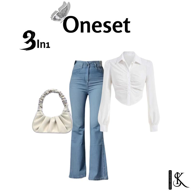 Setelan wanita terbaru atasan Kemeja Crop Putih + Jeans Cutbray + Tas Wanita + Jam Tangan KS0022 5