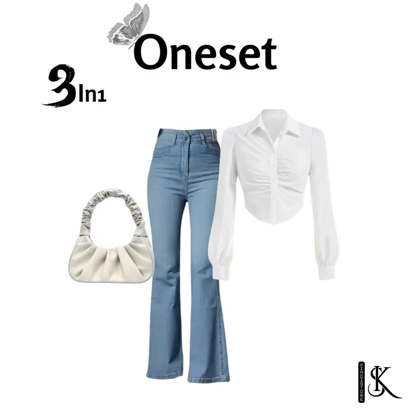 Setelan wanita terbaru atasan Kemeja Crop Putih + Jeans Cutbray + Tas Wanita + Jam Tangan KS0022 4