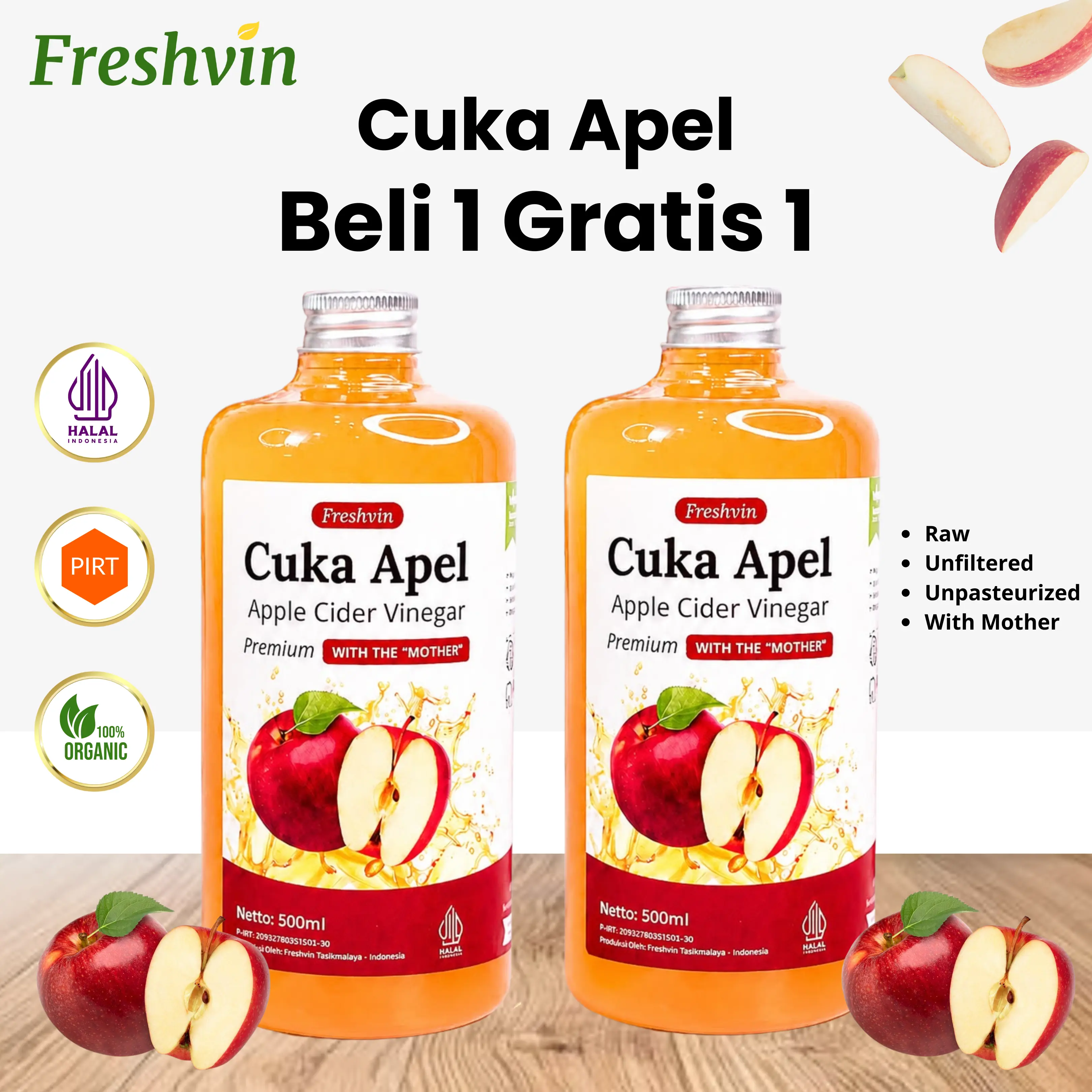 Freshvin Cuka Apel Beli 1 gratis 1  500ml×2 Halal 100% Organik Dengan Free Sendok Kayu (By Nutrifresh)