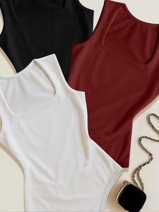 Conjunto de 3 piezas de moda y comodidad en tejido de punto para mujer, nuevo escote cuadrado, suave y transpirable, versátil para uso diario, capa interna o mono de capa exterior