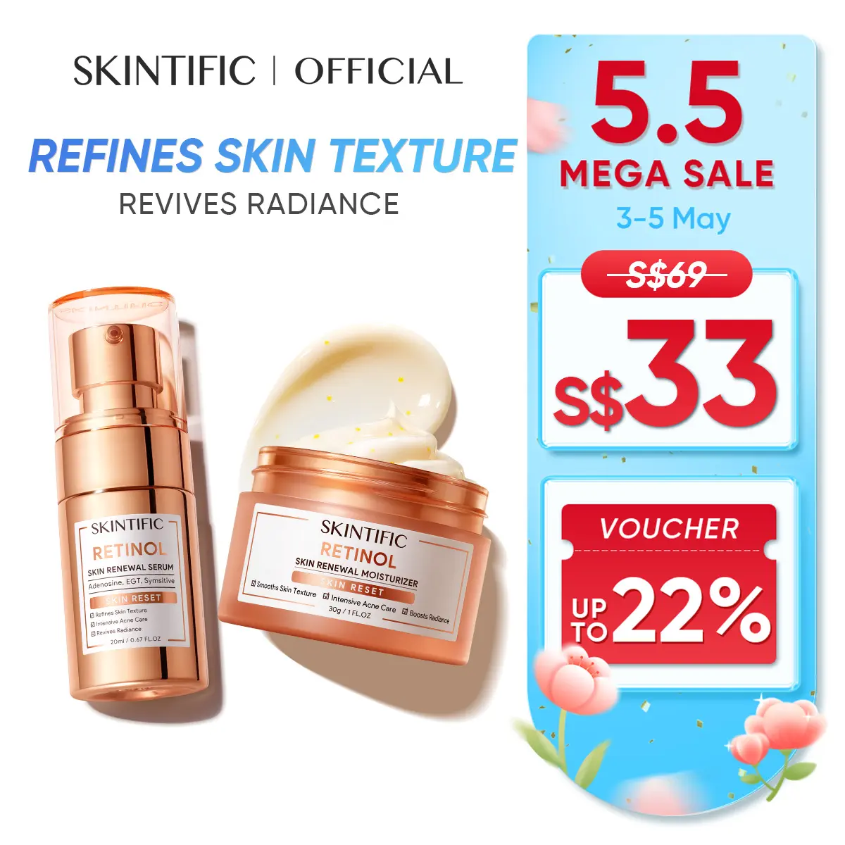 [SKINTIFIC OFFICIAL] SKINTIFIC Retinol Skin Renewal Combo- Retinol Serum 20ml + Retinol Cream Moisturizer 30g Hydrate goldserum treat acne fades fine lines smooth skin