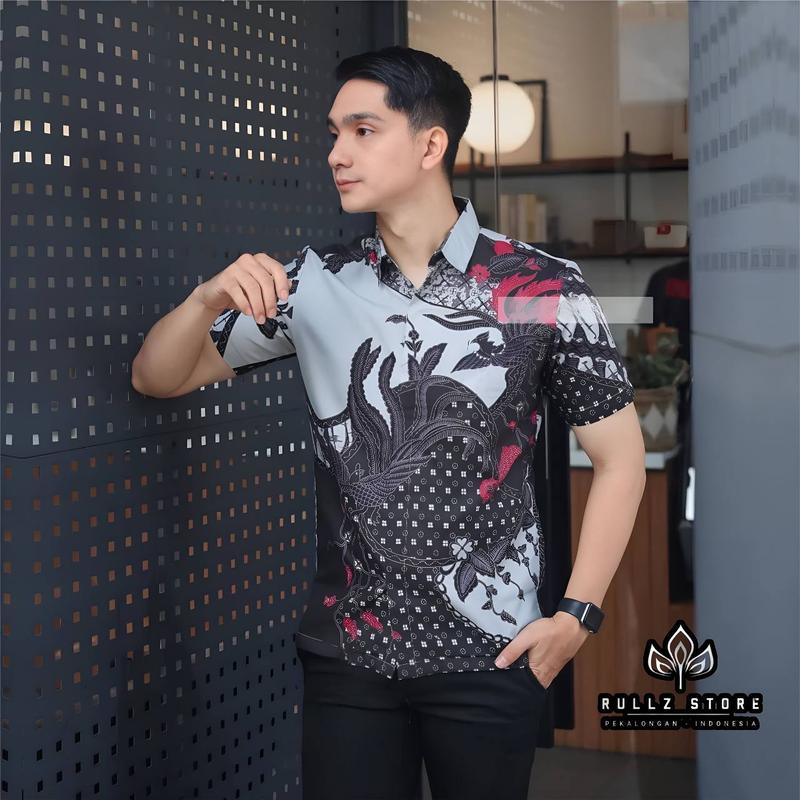 Kemeja Batik Pria Lengan Pendek - Bahan Katun Cowok Distro Dewasa Surfing Atasan Casual Panjang Motif Hitam - Kerja Kemeja batik Keren Hem Nyaman Baju Santai 7