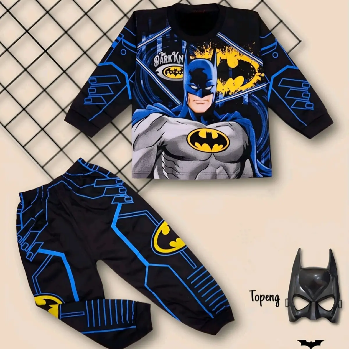 Baju setelan batman lengan panjang dan pendek bisa tambah topeng untuk usia 1-10 tahun Katun