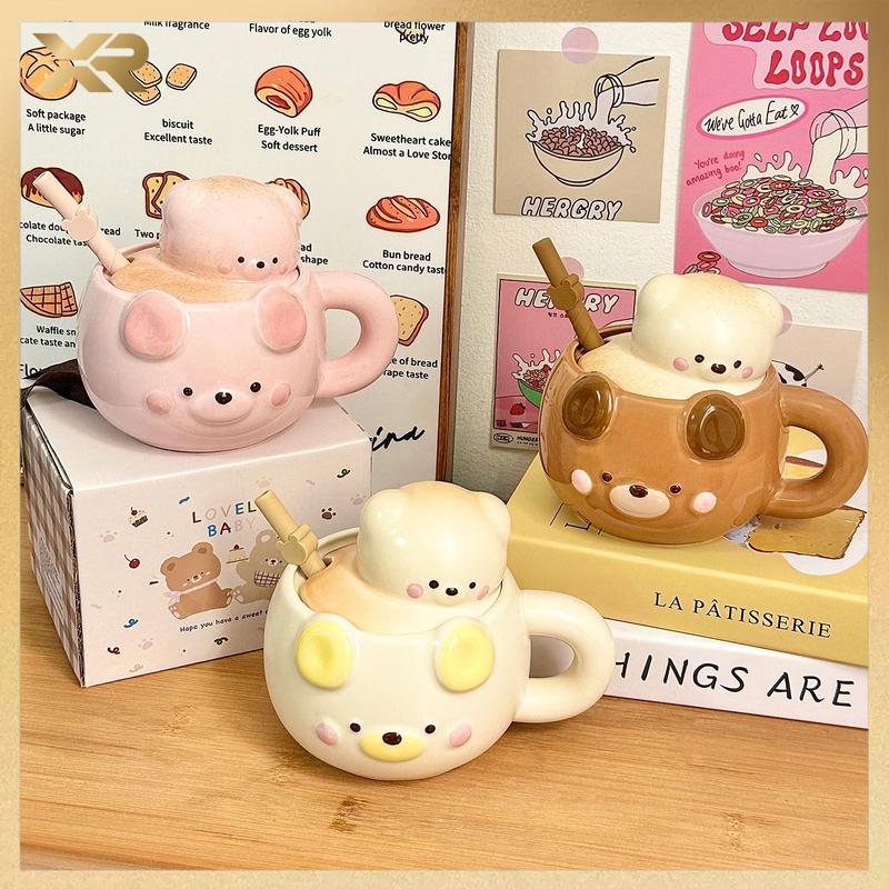  Ly cốc gốm sứ hình chú gấu ngộ nghĩnh kèm nắp và ống hút có hộp làm quà tặng ý nghĩa - XXB 