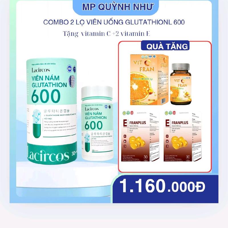   mẫu mới   COMBO 2 HỘP: GLUTATHIONE 600 HỖ TRỢ TRẮNG DA HỖ TRỢ trắng da mờ nám --- hộp 30 viên Tặng vitamin C + 2 vitamin E. 