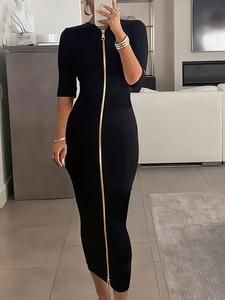 Vestido elegante para mujer de color sólido con media manga y falda larga con cremallera, ideal para primavera, verano y otoño; vestido para fiesta nocturna, ajuste entallado.