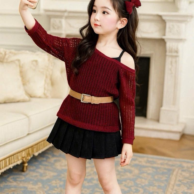 MỘC BABY STORE Sét Chân váy xếp ly kèm Áo lưới dài tay và áo dây tặng đai nịt cho Bé Gái