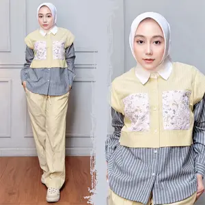 MOZHA SHAFURA. Cloth- ERDYTA SETCEL Setelan Kemeja Wanita dan Celana Full Karet Bahan Katun Salur Yard Dyed Halus Lembut Nyaman Dipakai Seharian Kancing Busui Wudhu Friendly Casual Elegan