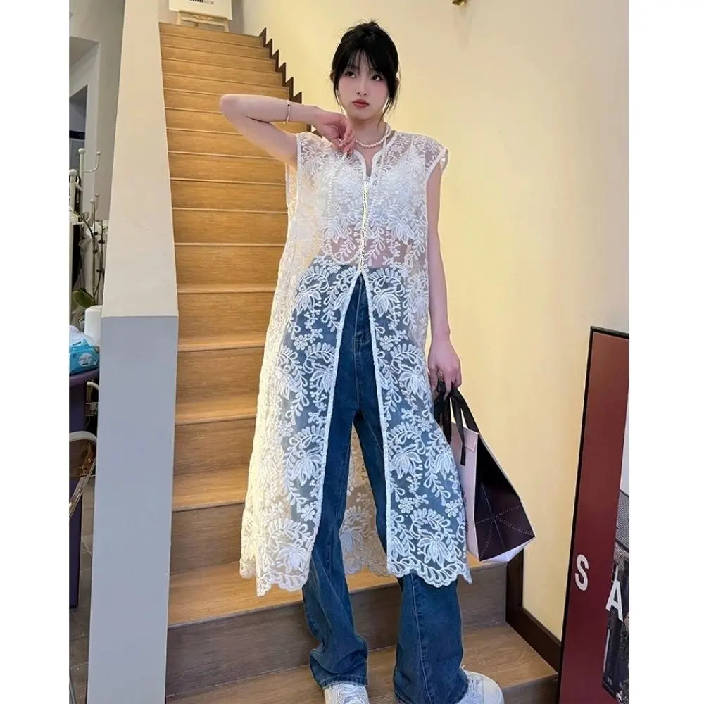 Korean Style Long Outer Embroidery / Vest Lace Casual Wanita 27790 TM