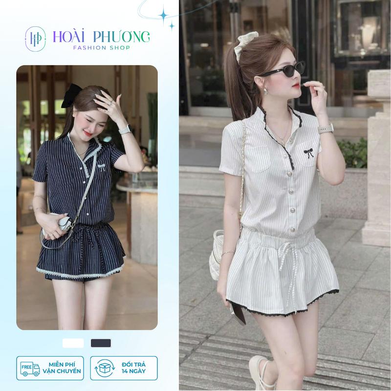 [XẢ KHO] Set Váy Nữ Jumpsuit Cổ Tàu Phối Ren Thêu Nơ Có Mút Vai, Bộ Đồ Nữ Tiểu Thư Kèm Quần