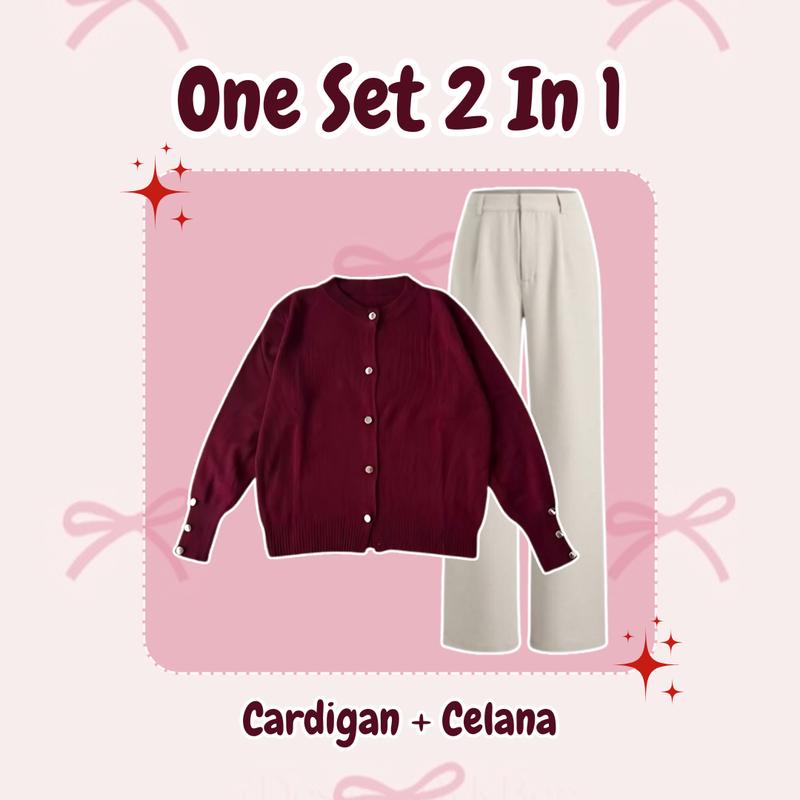 One Set Wanita Setelan Kekinian (Cardigan Rajut + Celana Knit + Hijab) OOTD Feminine Girl - DS082 N  Panjang Casual Oversize 4