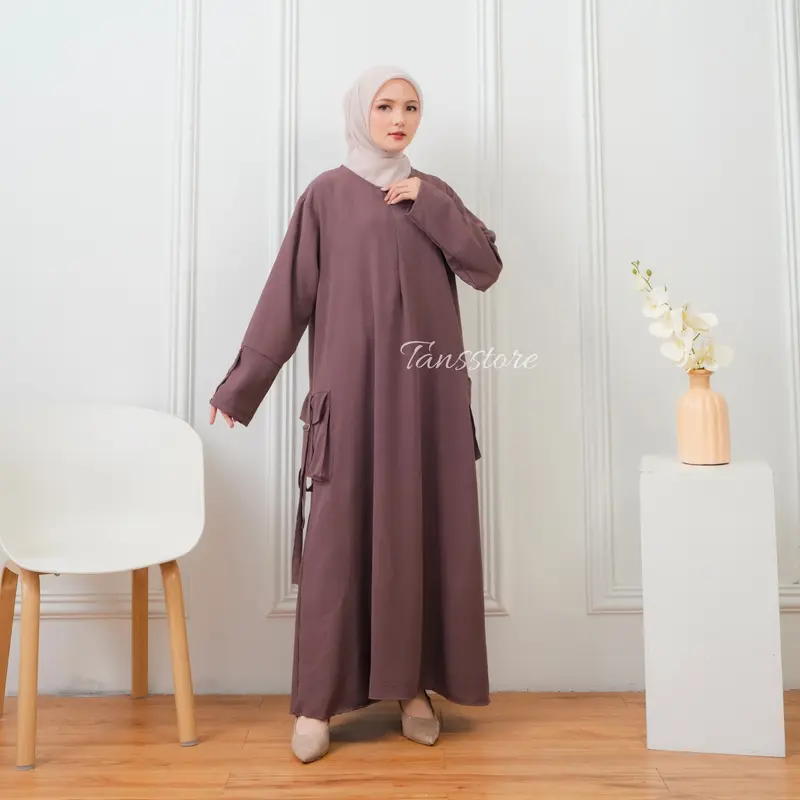 Tans Store - Gamis Cargo Gamis  Panjang Crinkle Wanita Terbaru Gamis Elegant dan Nyaman Dress Muslim Santai Simple 6