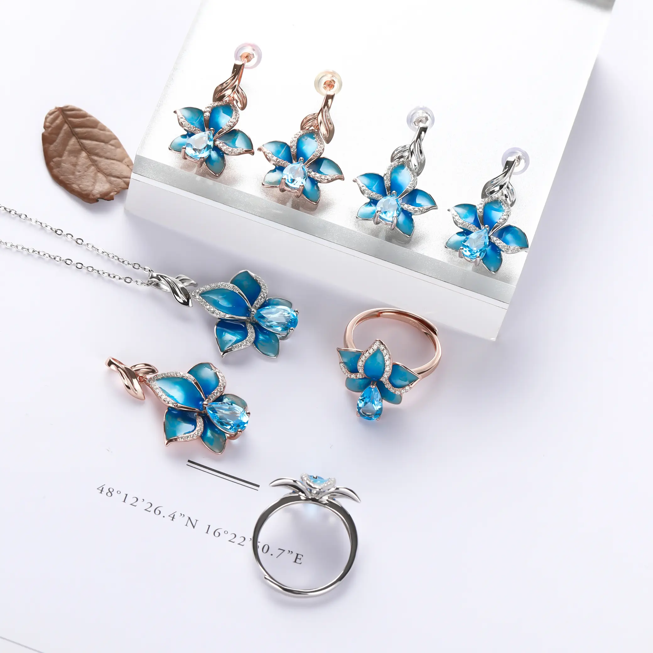 LF35LF36 Blue Topaz in Blue Enameled Flower S925 Drop Earrings and Adjustable Band Ring Set