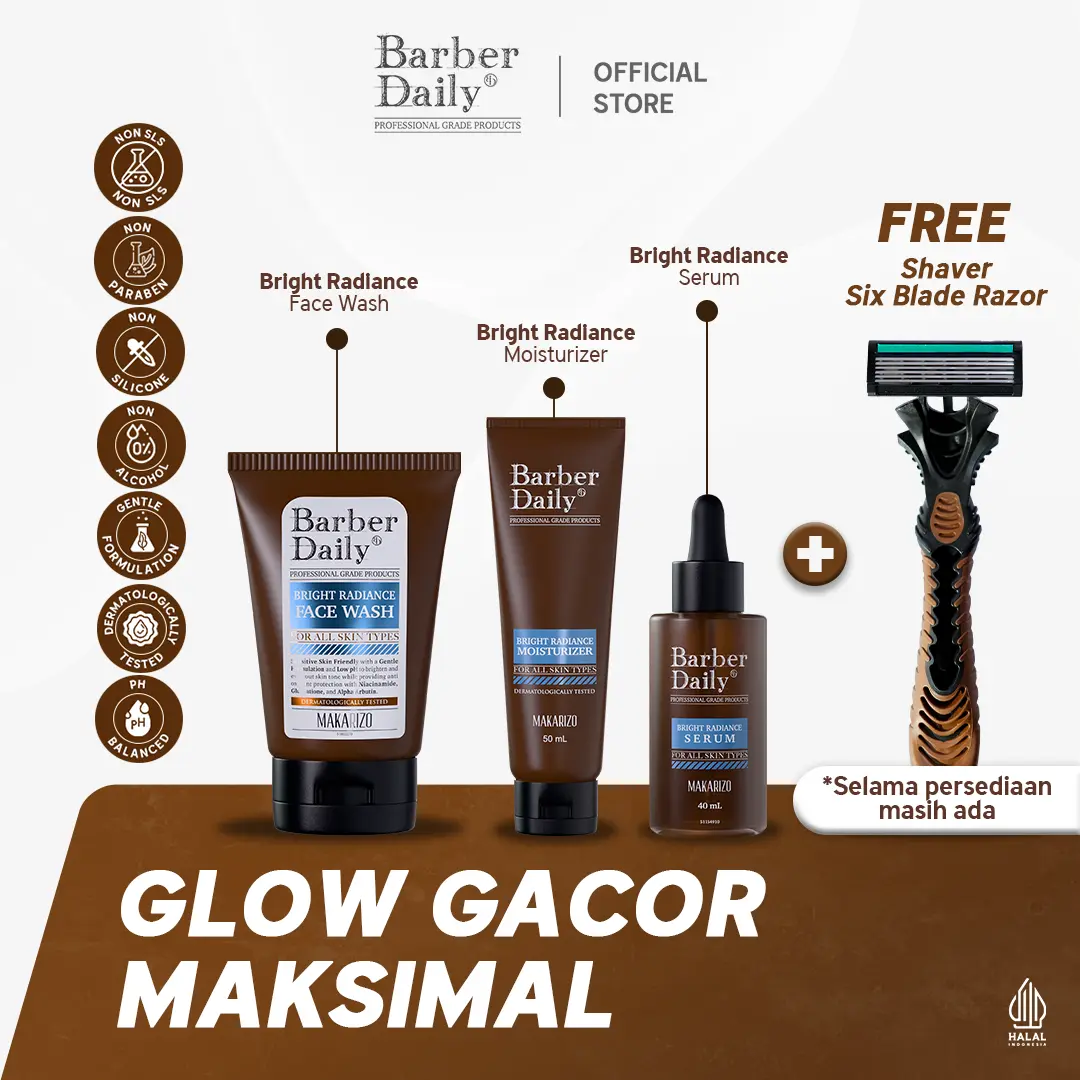 [FREE SHAVER] GLOW UP GACOR MAKSIMAL PACKAGE - Barber Daily Bright Radiance Face Wash + Barber Daily Bright Radiance Serum + Barber Daily Bright Radiance Moisturizer