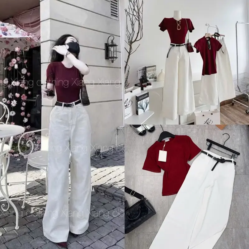 Set bộ áo croptop tăm đỏ mix quần ống rộng trắng kèm beo