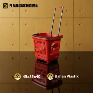 Keranjang Belanja Troli Supermarket Plastik Tebal Food Grade Bisa Tarik Roda Kuat Tahan 30 Kg