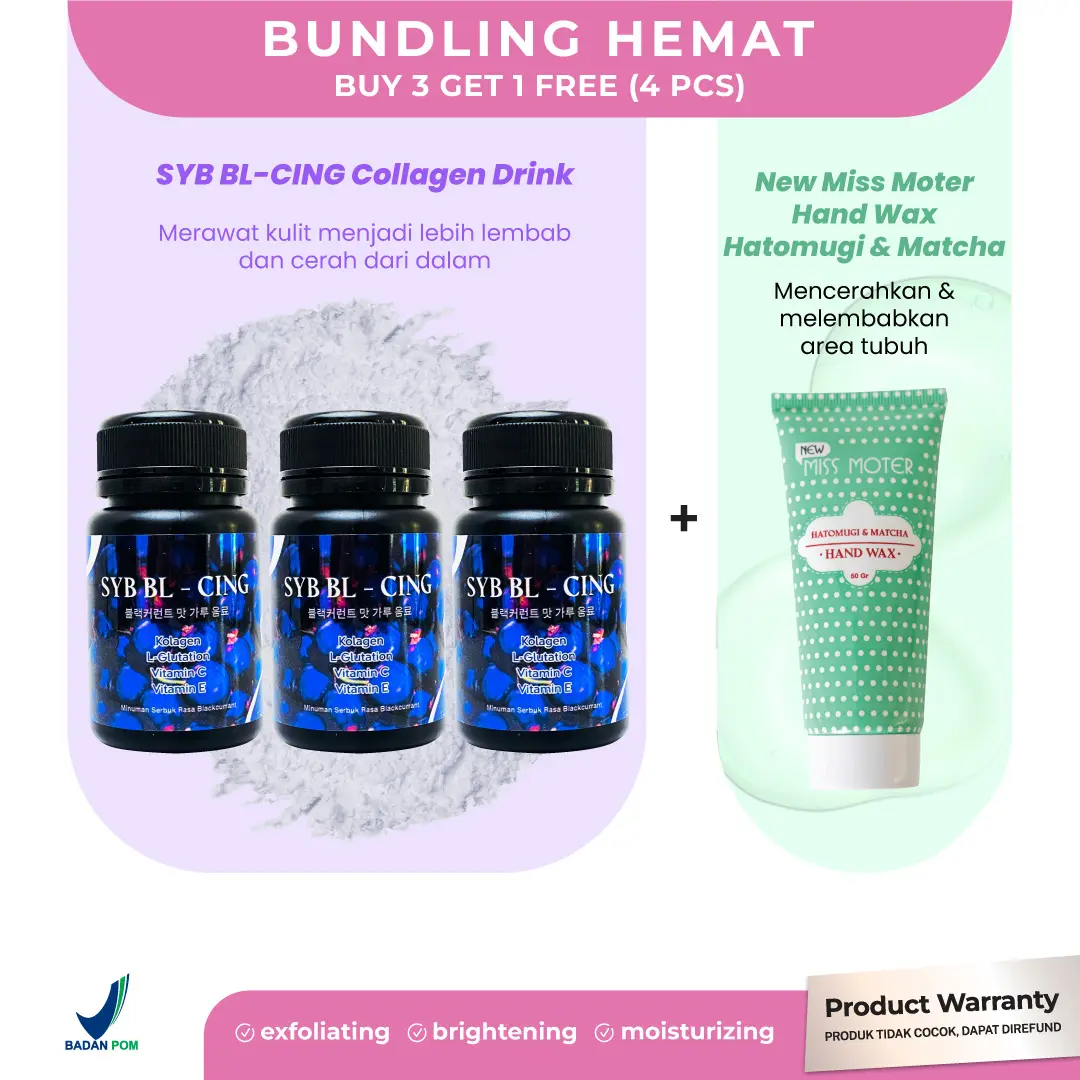 BUNDLING PERAWATAN KULIT LUAR DALAM  - 3 pc Minuman Serbuk Collagen Drink Blackcurrant + 1 pc Masker Tangan Miss Moter Hand Wax