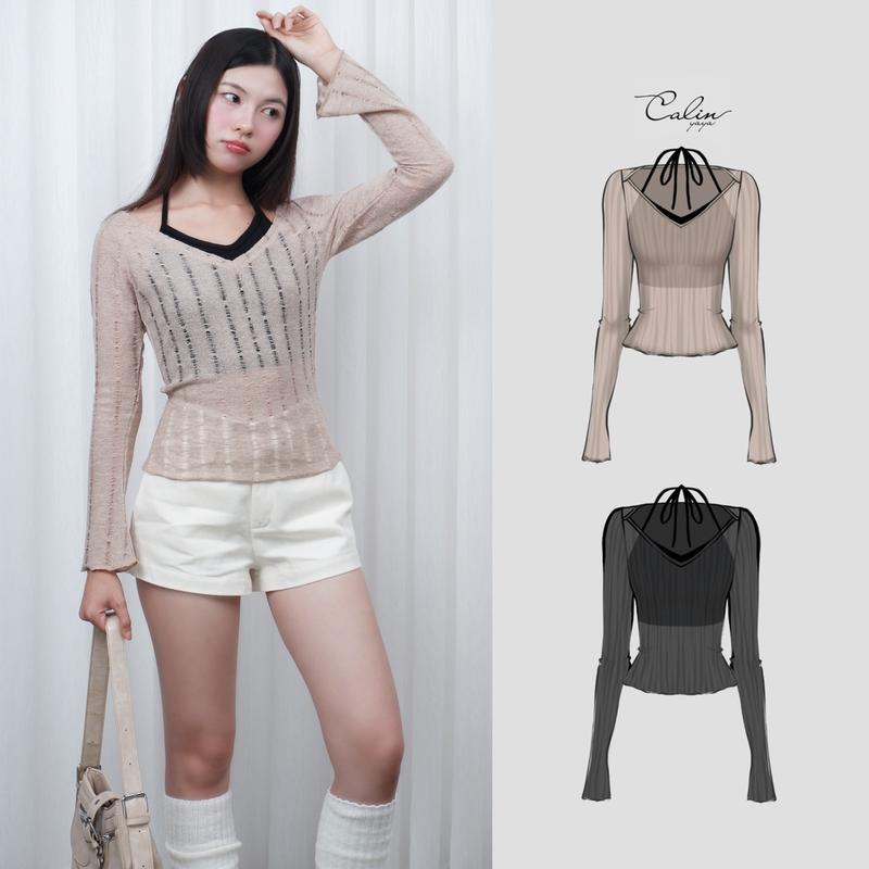  Chic V Layer Top - Áo Thun Len Dệt Kim Rách Style Y2K Fairycore Cổ V Rộng Tay Dài Thoáng Mát Phối Áo Yếm Dễ Thương 