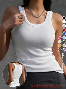 Camiseta deportiva de tirantes acanalada de color sólido para mujer, corte regular, cómoda y transpirable sin mangas para yoga y entrenamiento en el gimnasio, ropa deportiva para damas para todas las estaciones