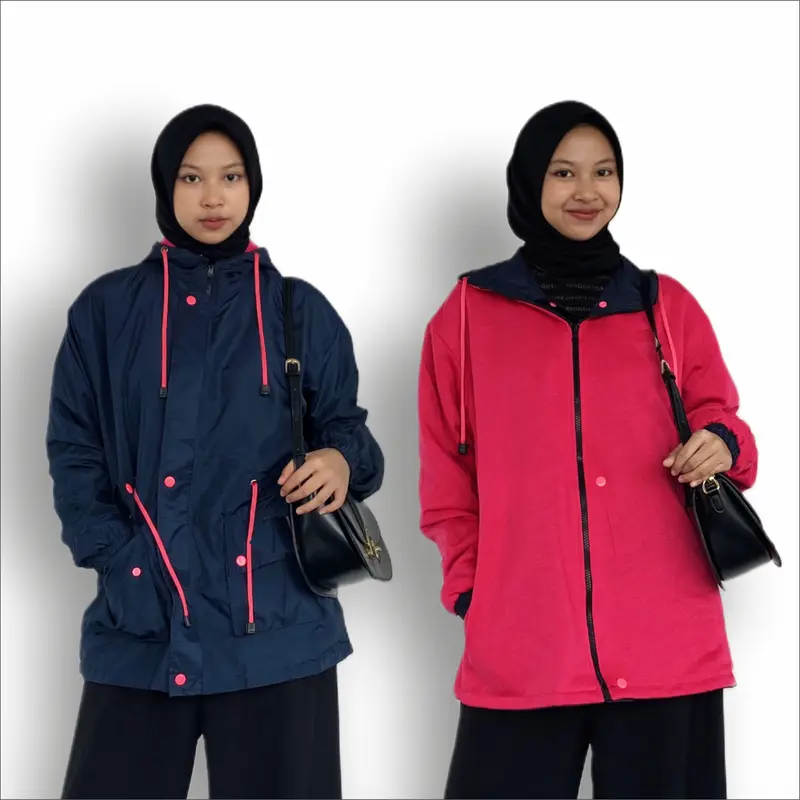 Jaket Wanita Bb 2 in 1 Bolak Balik Parasut Warna Hitam Pink Size L-XL-XXL 5