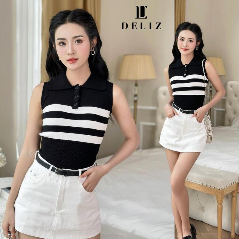 Áo len sát nách nữ phối cổ polo kẻ ngang DELIZ - SN02