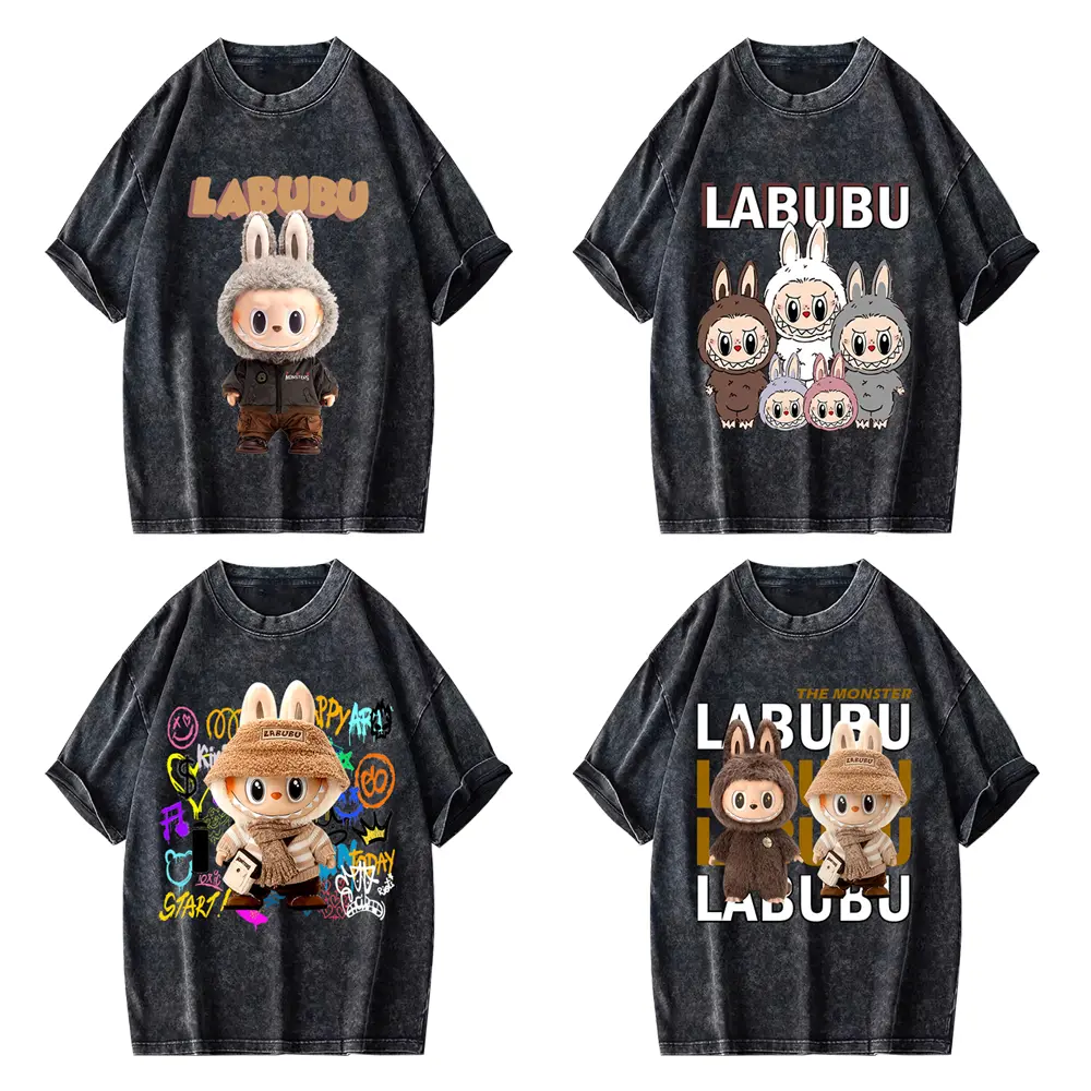 Majin Kaos Baju Wash Tshirt Cat cute Pria wanita Stone wash Baju Distro Basic Lengan Pendek unisex Murah Motif Nyaman Panjang Katun Cowok Oversize labubu