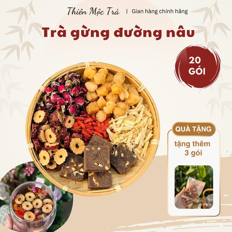 Trà gừng đường nâu thảo mộc hộp 20 gói tặng thêm 3 gói -Thiên Mộc Trà-Thành phần: gừng sấy nụ hồng kỷ tử long nhãn táo đỏ đường nâu-Trục hàn giảm hàn lạnh ấm bụng NGÀY DÂU bồi bổ khí huyết-Nguyên liệu sấy lạnh thiên nhiên