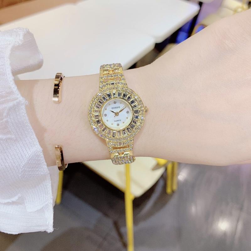 Đồng hồ Nữ Dáng Lắc GS Mặt Tròn Full Đá Sáng Lung Linh  sang trọng,full viền dây đá lấp lánh, PIN DỰ PHÒNG Đeo Tay Voi Watch Women