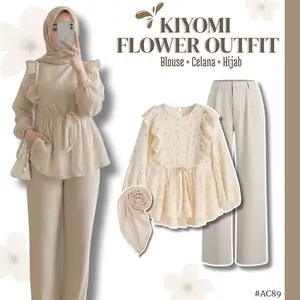 3 IN1 Outfit Set Wanita Remaja Kekinian || Blouse Motif + Celana + Hijab Bella Square || Setelan Korean Style - AC89