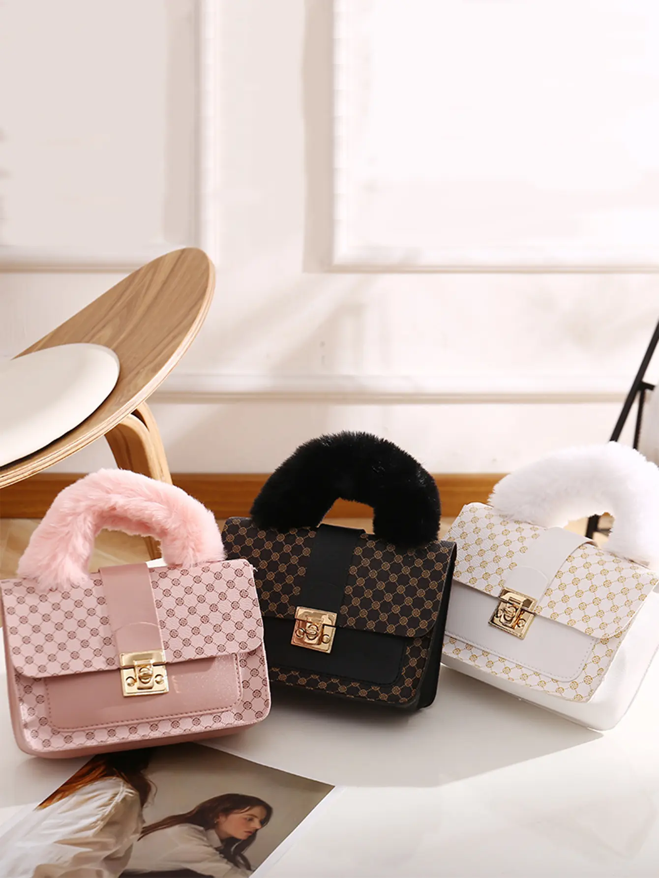 1pc Autumn Winter Women's Bag Plush Printed Small Square Bag Women's Leather Wallet Fashion Shoulder Bag, Handbag, Crossbody Bag, Simple Retro Style