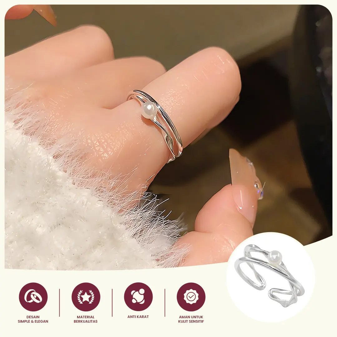 Cincin Wanita Silver Mutiara Korea Simple Elegan Adjustable Anti Karat