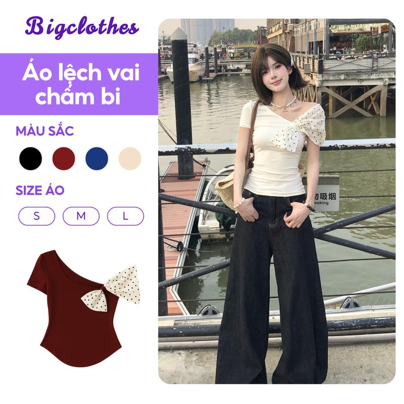 [Deal Sale Live] Áo Thun Cổ Chéo Chấm Bi BigClothes, Áo Thun Nữ Tay Ngắn Dáng Ôm Lệch Vai Thời Trang B04