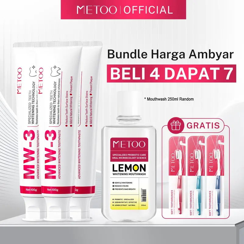 [MURAH BGT!!] METOO MW-3 Advanced whitening ToothPaste 100gr*3+ 1pcs Mouthwash 250ml RANDOM +Soft Bristled Tooth Brush*3 -BPOM Gigi Putih / Karang Gigi /Membersihkan Noda Gigi / Gigi Sensitif / Bau Mulut 0